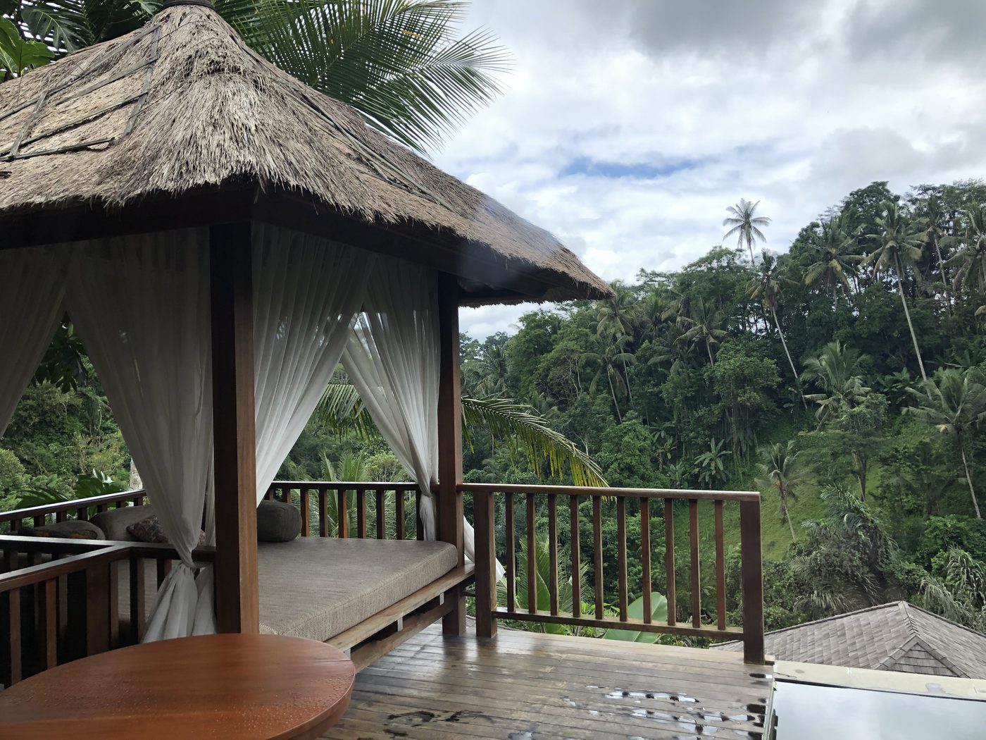 a thatched pavilion over the jungle