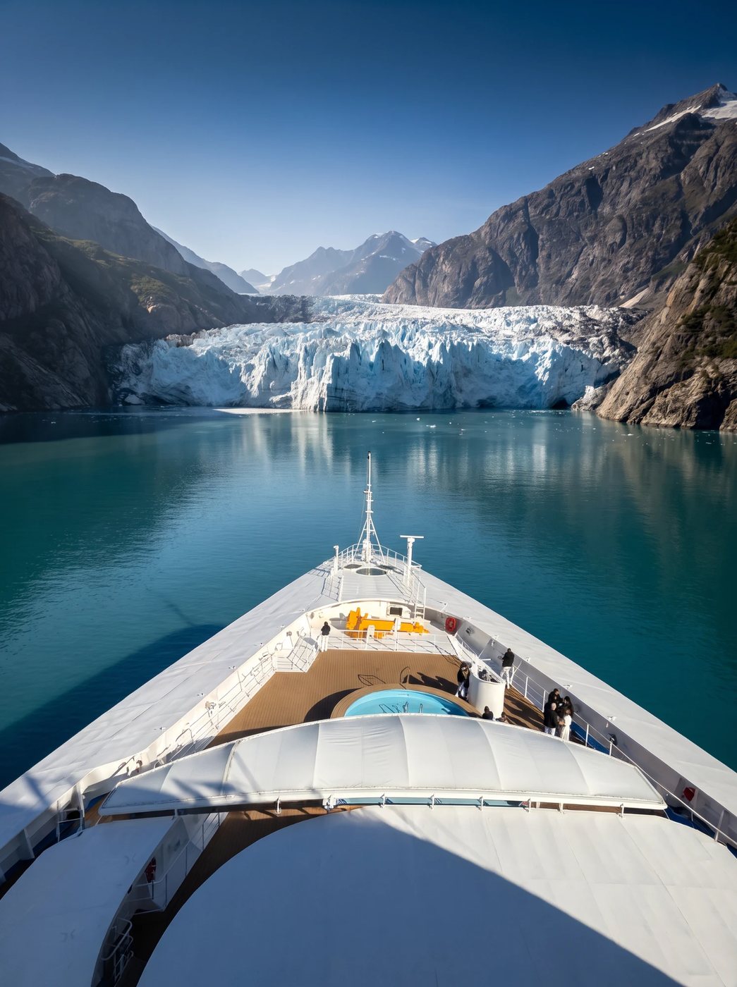a ship’s bow facing a glacier