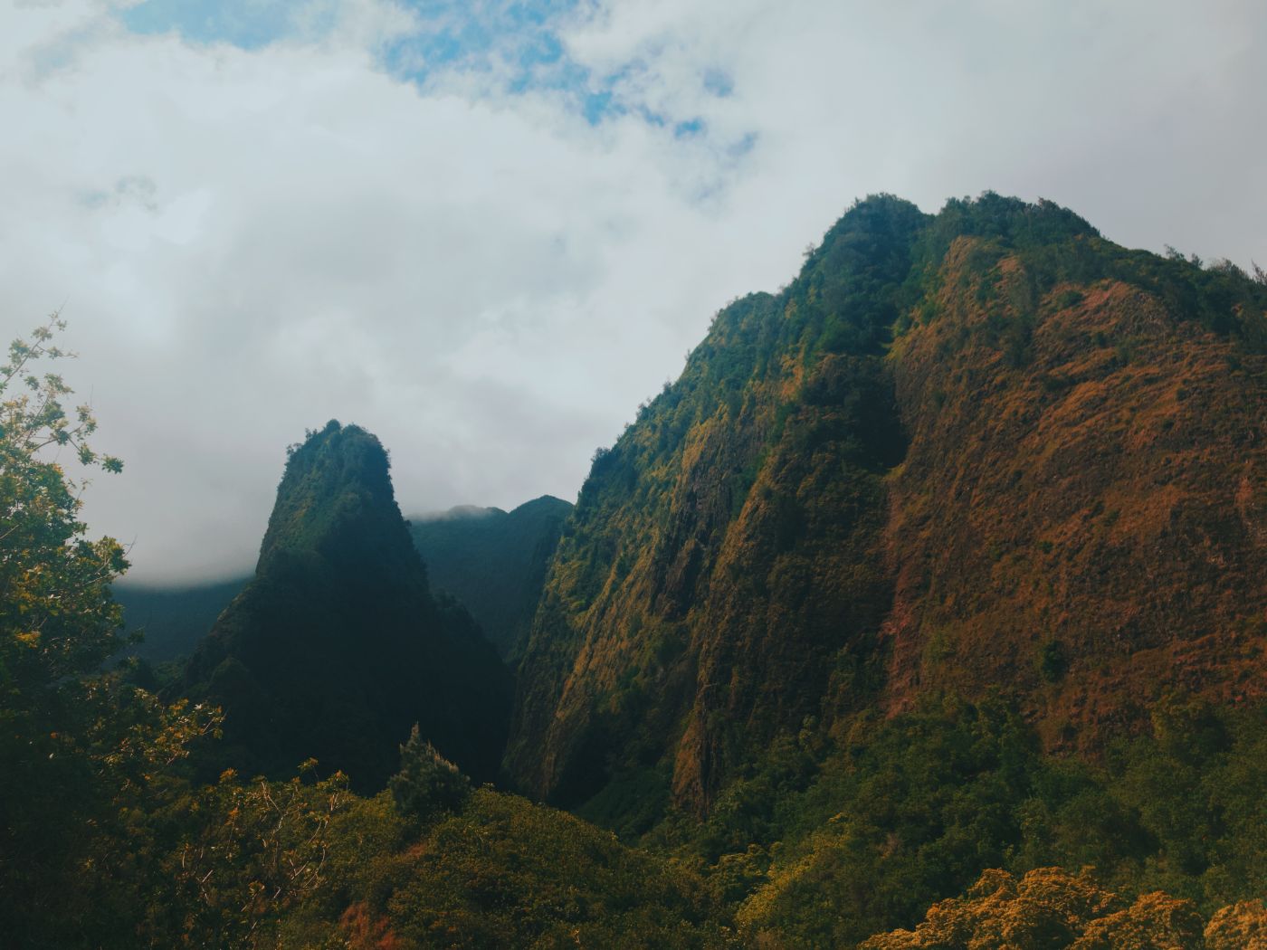 green peaks in mist